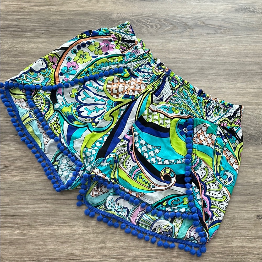Trina Turk Multicolor Patterned Shorts with Blue Pom-Poms